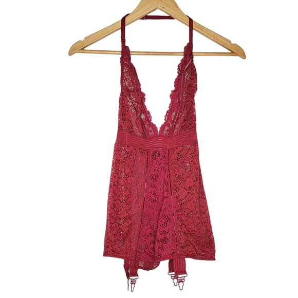 Victoria's Secret Small Red Lingerie Very Sexy Plunge Garter Slip Lacquer Lace - Picture 1 of 5